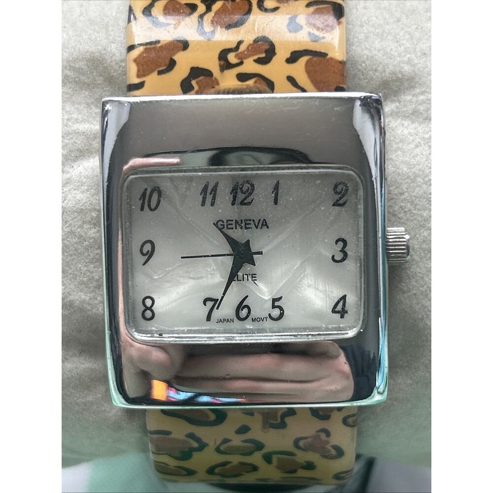 Geneva Silver Tone Cheetah Pattern Band Women’s Cuff Watch